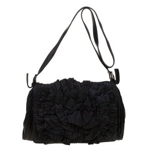 Pre Owned Valentino Black Pleated leather Petale Crossbody Bag