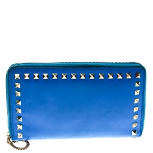 Pre Owned Valentino Blue Leather Rockstud Zip Around Wallet