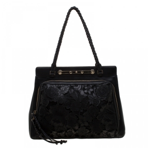 Pre Owned Valentino Black Leather and Lace Demetra Tote
