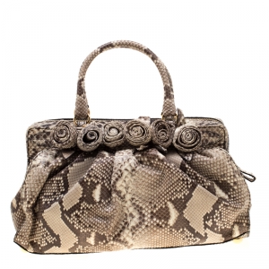 Pre Owned Valentino Beige Python Lacca Fleur Frame Satchel Bag