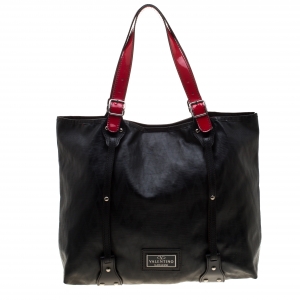 Pre Owned Valentino Black/Red Coated Canvas and Leather Tote