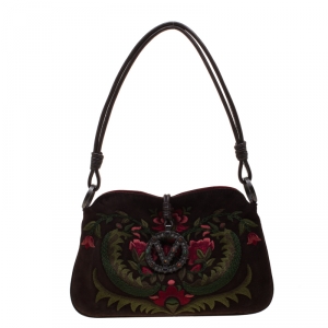 Pre Owned Valentino Brown Flowers Embroidered Suede and Leather Vring Shoulder Bag 
