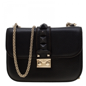 Pre Owned Valentino Black Leather Small Glam Lock Flap Bag