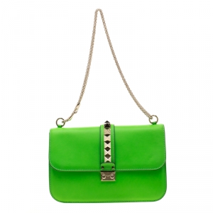 Pre Owned Valentino Neon Green Leather Medium Rockstud Glam Lock Flap Shoulder Bag