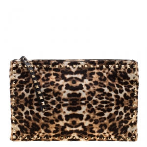 Pre Owned Valentino Brown/Black Leopard Print Calfhair Rockstud Clutch 