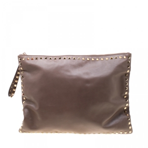 Pre Owned Valentino Dark Grey Leather Rockstud Clutch