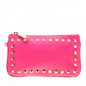 Pre Owned Valentino Neon Pink Leather Rockstud Wristlet Pouch