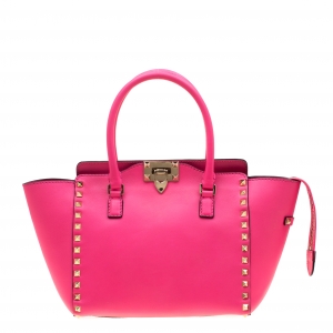 Pre Owned Valentino  Neon Pink Leather Small Rockstud Tote Bag