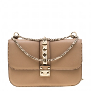Pre Owned Valentino Beige Leather Rockstud Medium Glam Lock Flap Bag