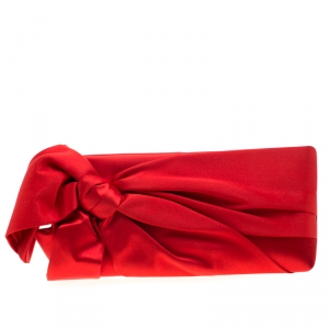 Pre Owned Valentino Red Satin Pleated Bow Clutch