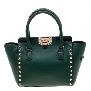 Pre Owned Valentino Green Leather Mini  Rigid Rockstud Tote