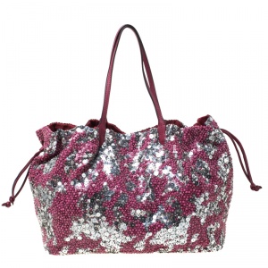 Pre Owned Valentino Burgundy/Silver Sequins Embellished Fabric and Leather Tote