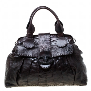 Pre Owned Valentino Dark Brown Leather Crystal Catch Satchel