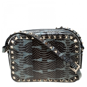 Pre Owned Valentino Black/Blue Python Embossed Leather Studded Crossbody Bag