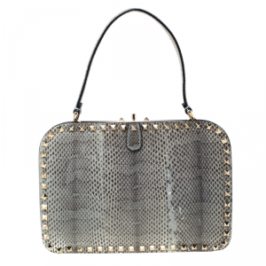 Pre Owned Valentino Lime Green/Grey Snakeskin Leather Rockstud Frame Satchel