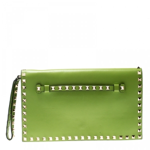 Pre Owned Valentino Lime Green Leather Rockstud Wristlet Clutch