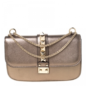 Pre Owned Valentino Metallic Leather Rockstud Medium Glam Lock Flap Bag