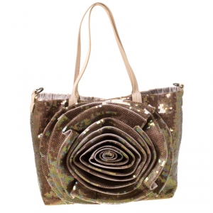 Pre Owned Valentino Beige/Bronze Sequins and Leather Petale Tote