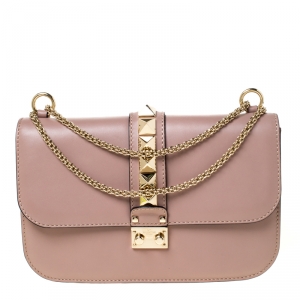 Pre Owned Valentino Nude Leather Medium Rockstud Glam Lock Flap Bag