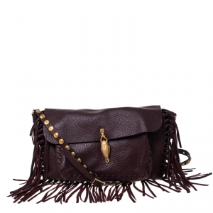 Pre Owned Valentino Burgundy Leather C-Rockee Scarab Fringe Shoulder Bag 