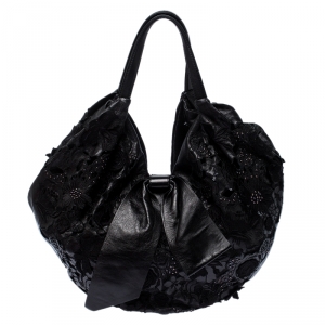 Pre Owned Valentino Black Lace/Beads and Leather Hobo