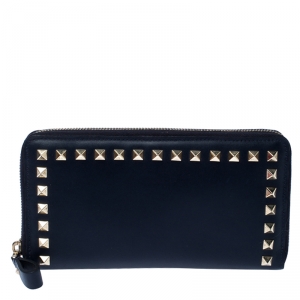 Pre Owned Valentino Navy Blue Leather Rockstud Zip Around Wallet