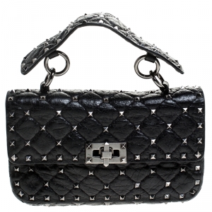 Pre Owned Valentino Black Quilted Soft Crackle Leather Small Rockstud Spike Shoulder Bag