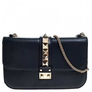 Pre Owned Valentino Navy Blue Leather Glam Lock Chain Shoulder Bag