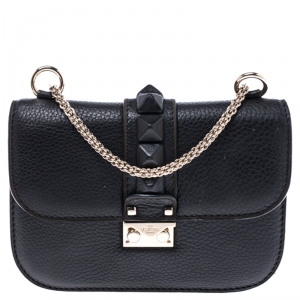 Pre Owned Valentino Black Leather Small Rockstud Glam Lock Flap Bag