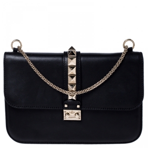 Pre Owned Valentino Black Leather Rockstud Glam Lock Large Flap Bag