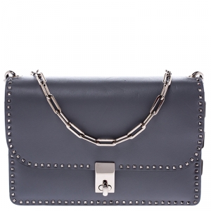 Pre Owned Valentino Grey Leather Studded Flap Crossbody Bag