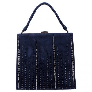 Pre Owned  Valentino Navy Blue Suede Crystal Embellished Satchel