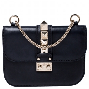 Pre Owned Valentino Black Leather Small Rockstud Glam Lock Flap Bag