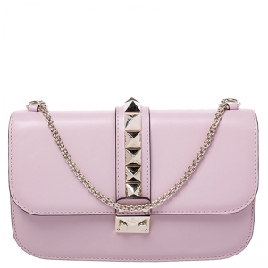 Pre Owned Valentino Pink Leather Rockstud Medium Glam Lock Flap Bag