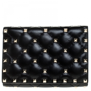Pre Owned Valentino Black Leather Rockstud Spike Compact Wallet