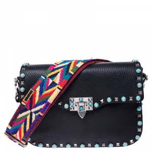 Pre Owned Valentino Black Leather Guitar Rolling Rockstud Shoulder Bag