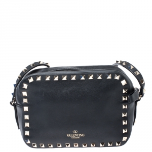 Pre Owned Valentino Black Leather Rockstud Camera Crossbody Bag