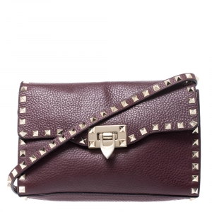 Pre Owned Valanteno Burgundy Leather Rockstud Flap Shoulder Bag