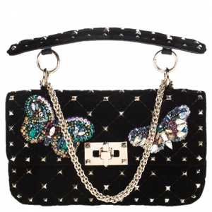 Pre Owned Valentino Black Quilted Velvet Small Butterfly Spike.It Shoulder Bag
