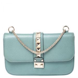 Pre Owned Valentino Pastel Blue Leather Rockstud Medium Glam Lock Flap Bag