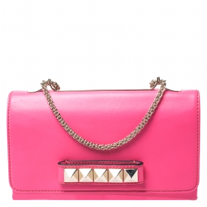 Pre Owned Valentino Neon Pink Leather Va Va Voom Chain Shoulder Bag