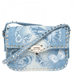 Pre Owned Valentino Blue Denim Butterfly Embroidered Small Rockstud Shoulder Bag