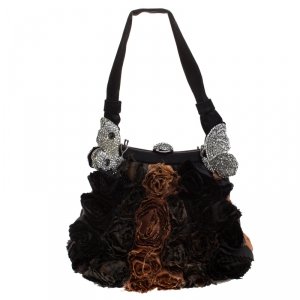 Pre Owned Valentino Black/Brown Floral Applique Satin Butterfly Clutch Bag
