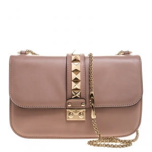 Pre Owned Valentino Beige Leather Rockstud Medium Glam Lock Flap Bag