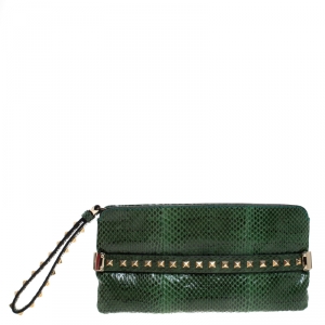 Valentino Green Python Rockstud Wristlet Clutch