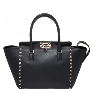 Pre Owned Valentino Black Leather Small Rockstud Trapeze Tote