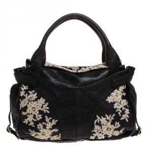 Pre Owned Valentino Black Leather and Lace Embroidered Satchel