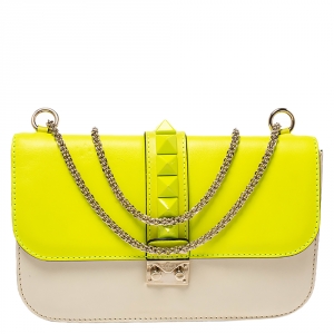 Pre Owned Valentino Neon Green/Cream Leather Rockstud Medium Glam Lock Flap Bag