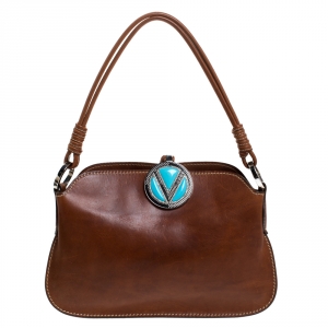 Pre Owned Valentino Brown Leather V Ring Shoulder Bag 