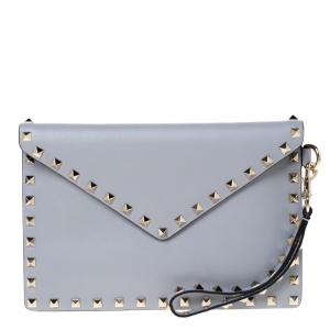 Valentino Grey Leather Rockstud Envelope Wristlet Clutch